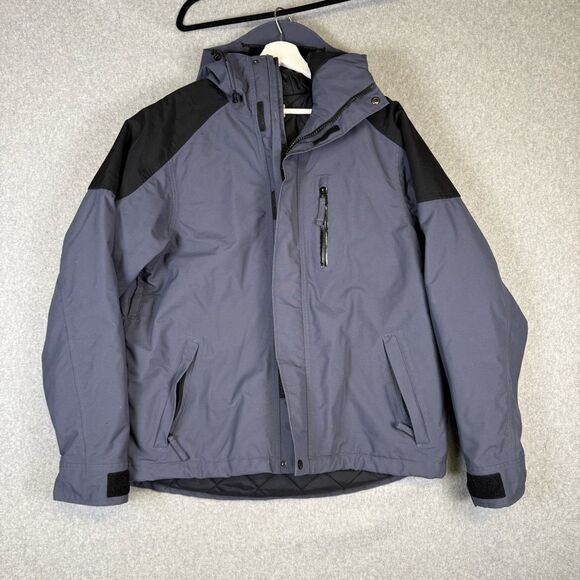 Duluth Trading Co. Men's Large Blue Black Hooded Rain Jacket Coat Quilted Lining - Picture 1 of 7